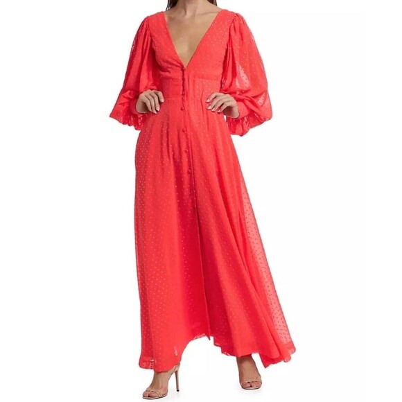 Kimberly Goldson Size XS Lesli Jacquard Long Sleeve Maxi Dress Coral Gold V Neck - Picture 1 of 16